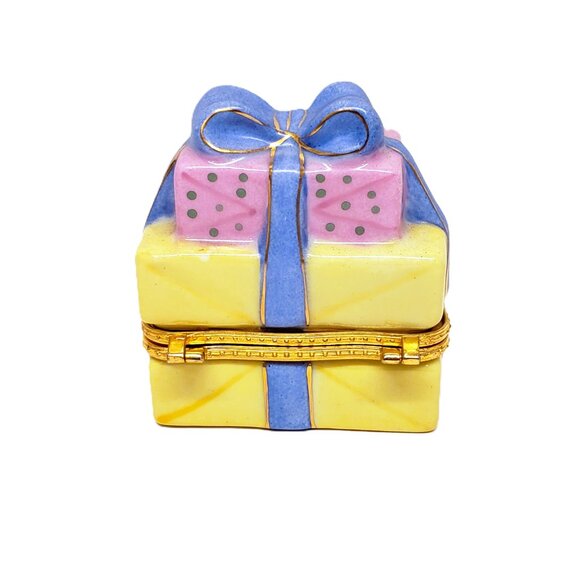 Trinket Gift Box Stack of Birthday Presents Ceramic Hinged Yellow Pink Gold 3" - Picture 3 of 7